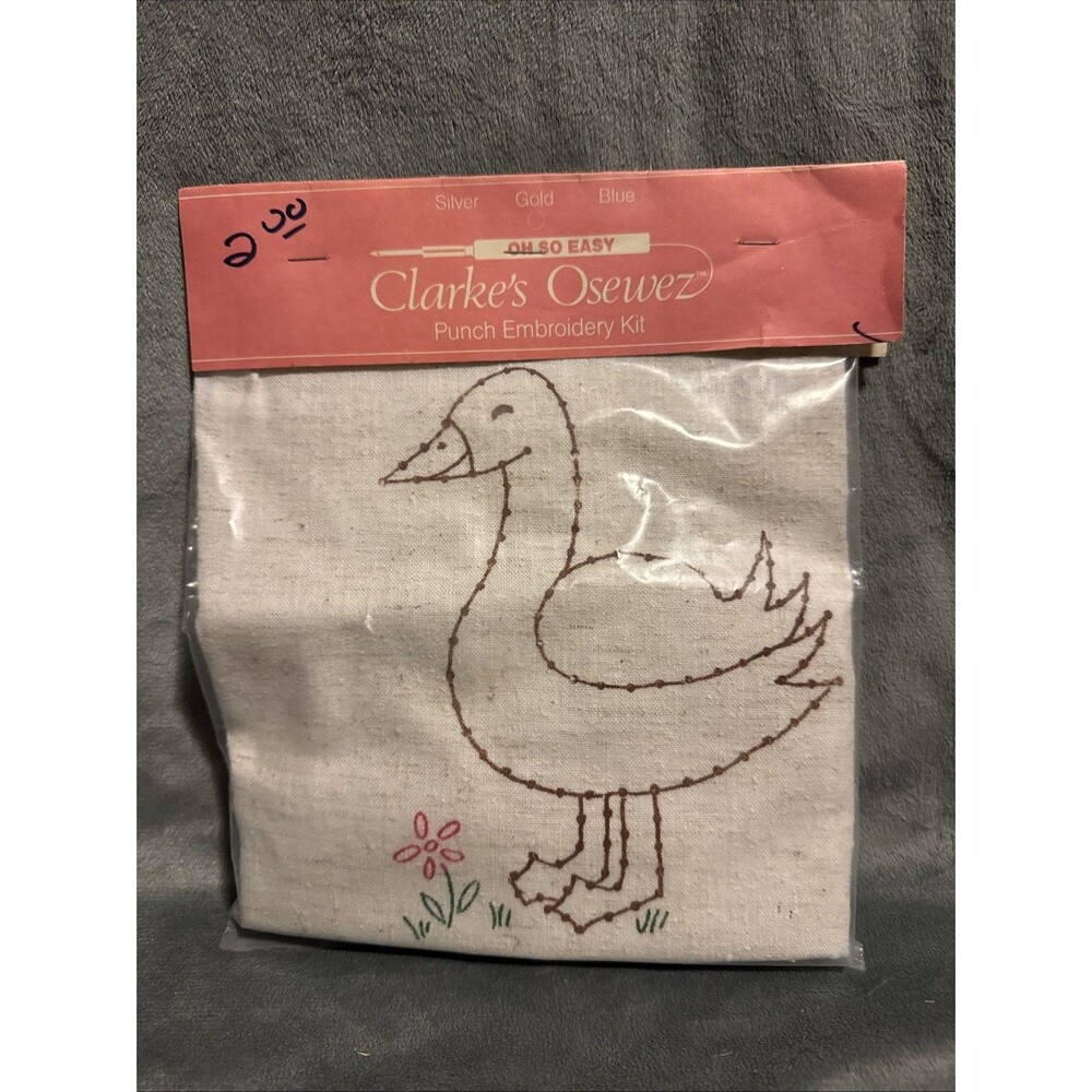 Vintage 80s Silver Gold Oh So Easy Clarke's Osewez Punch Embroidery Kit Goose